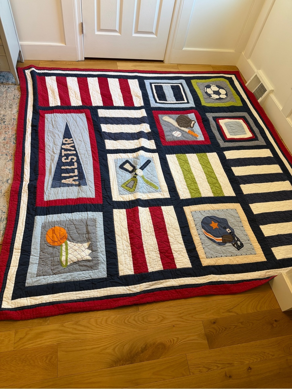 Pottery Barn Kids Red, Navy, White & Green All-Star Sports Patchwork Quilt